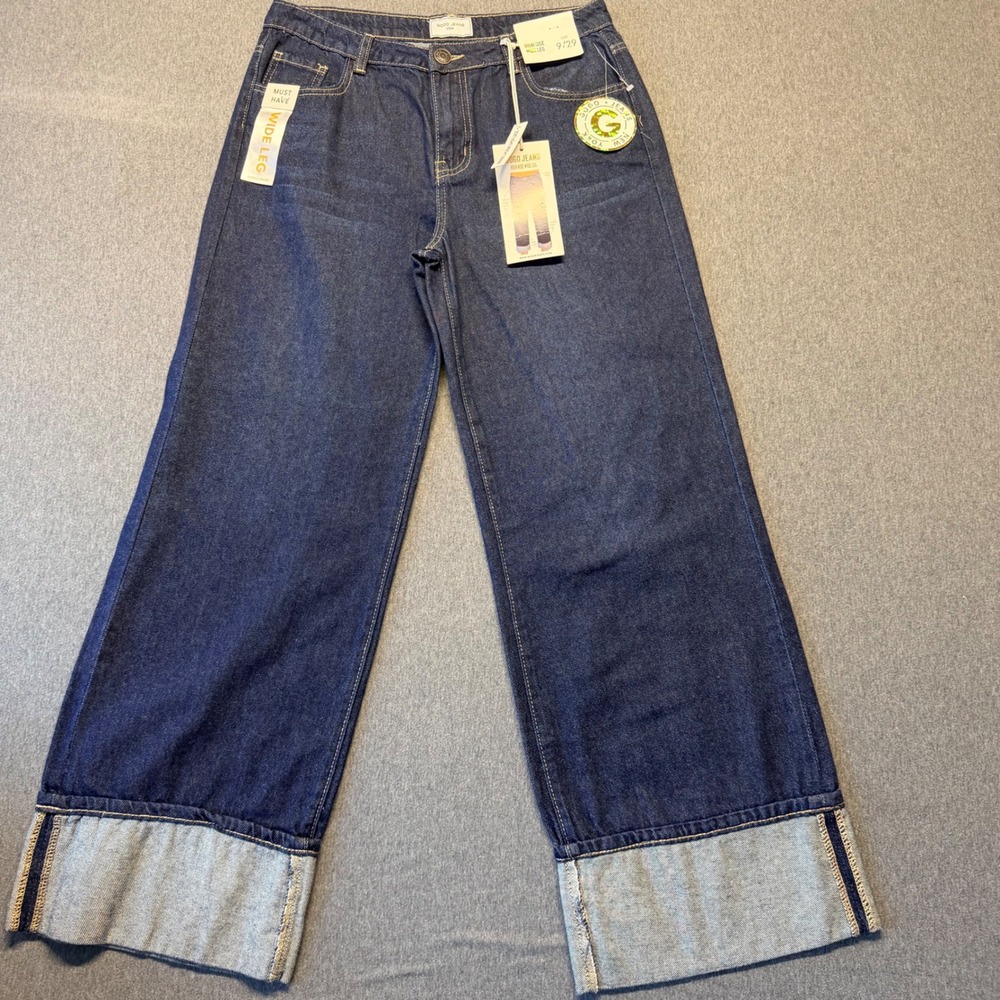 Gogo Jeans USA Womens High Rise Wide Leg Cuffed Denim Dark Wash Size 9/29